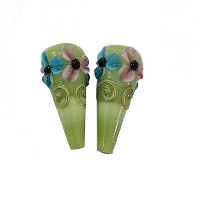 2 Pcs Pkg. Drop Flower Lampwork Beads for jewelry making Green color