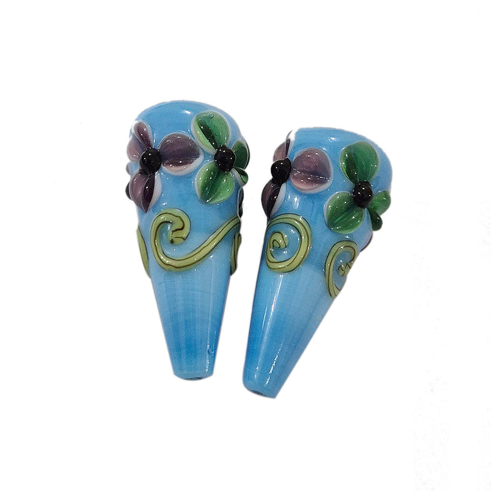 2 Pcs Pkg. Drop Flower Lampwork Beads for jewelry making Turqoise color