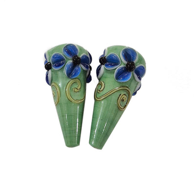 2 Pcs Pkg. Drop Flower Lampwork Beads for jewelry making Green color