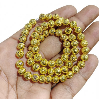 6mm Gold Plated Lava Stone Round Beads | 60–62 Beads Per String | Natural Volcanic Lava Beads for Jewelry Making