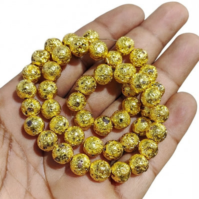 8mm Gold Plated Lava Stone Round Beads | 45–46 Beads Per String | Natural Volcanic Lava Beads for Jewelry Making