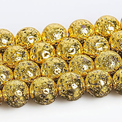 8mm Gold Plated Lava Stone Round Beads | 45–46 Beads Per String | Natural Volcanic Lava Beads for Jewelry Making