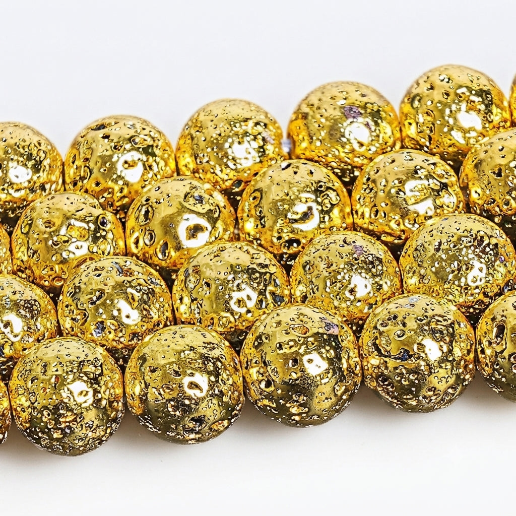 8mm Gold Plated Lava Stone Round Beads | 45–46 Beads Per String | Natural Volcanic Lava Beads for Jewelry Making