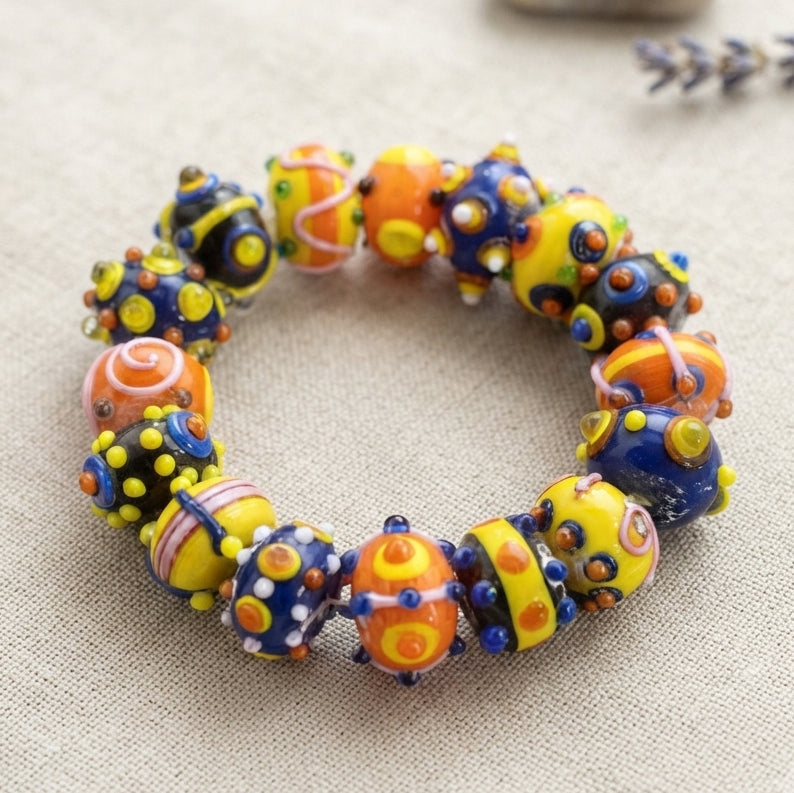 Handmade Indian Lampwork Glass Beads Set – Vibrant Blue, Orange & Yellow Dot Design (15-17 mm)