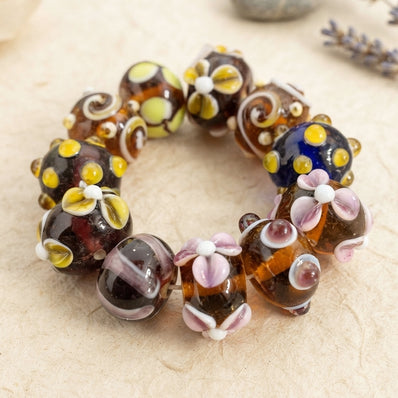Handmade Indian Lampwork Glass Beads Set – Multicolor Floral & Swirl Design (15-17 mm)
