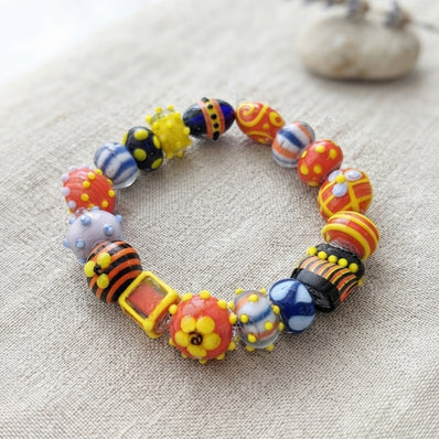 Handmade Indian Lampwork Glass Beads Set – Vibrant Multicolor Striped & Floral Design (15-18 mm)