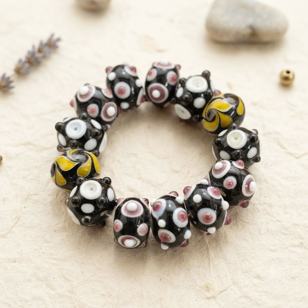 Handmade Indian Lampwork Glass Beads Set – Dark Blue & Multicolor Floral Design (15-18 mm)