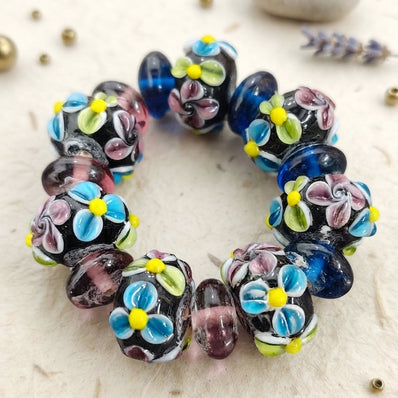 Handmade Indian Lampwork Glass Beads Set – Dark Blue & Multicolor Floral Design (15-18 mm)