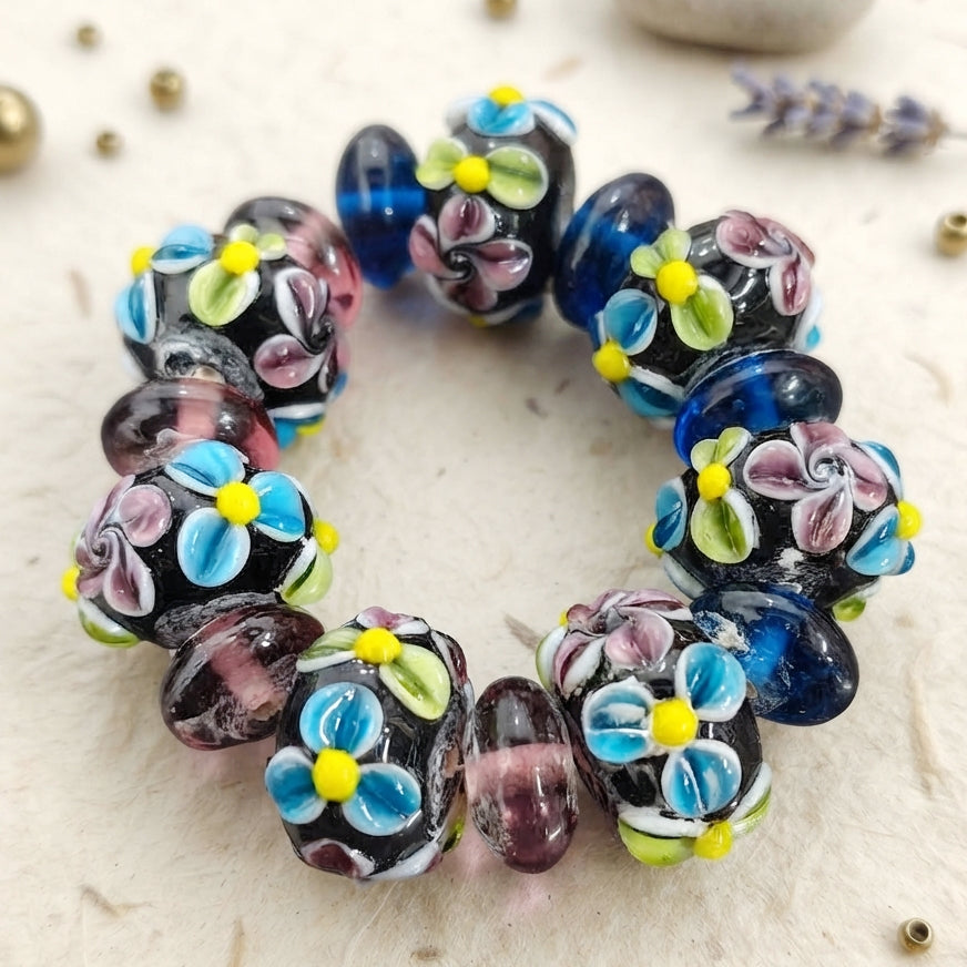 Handmade Indian Lampwork Glass Beads Set – Dark Blue & Multicolor Floral Design (15-18 mm)