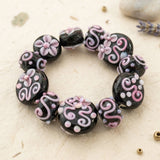 Handmade Indian Lampwork Glass Beads Set – Black & Pink Floral & Swirl Design (15-18 mm)