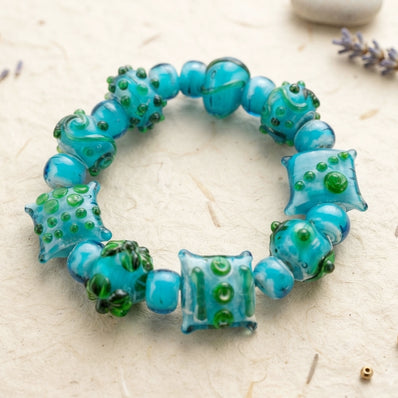 Handmade Indian Lampwork Glass Beads Set – Turquoise & Green Dot & Square Design (15-18 mm)