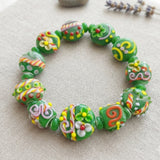 Handmade Indian Lampwork Glass Beads Set – Green Floral & Swirl Design (15-17 mm)