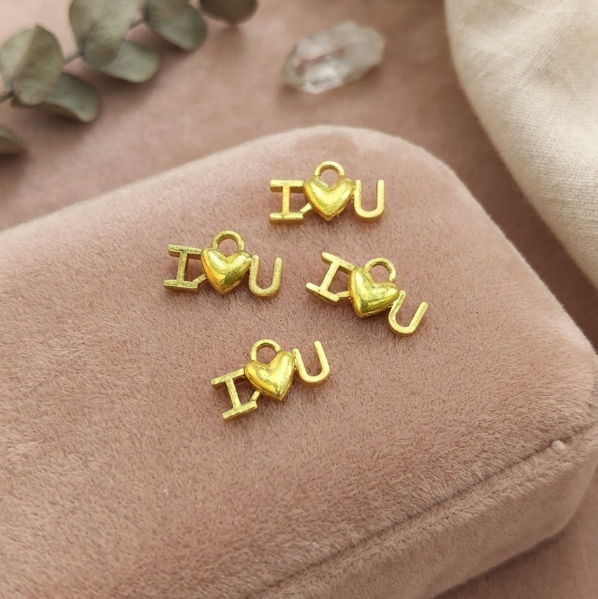 I Love U Heart Charm Pendant – Gold Love Letter Charm – 17x10 mm – 10 Pieces Pack