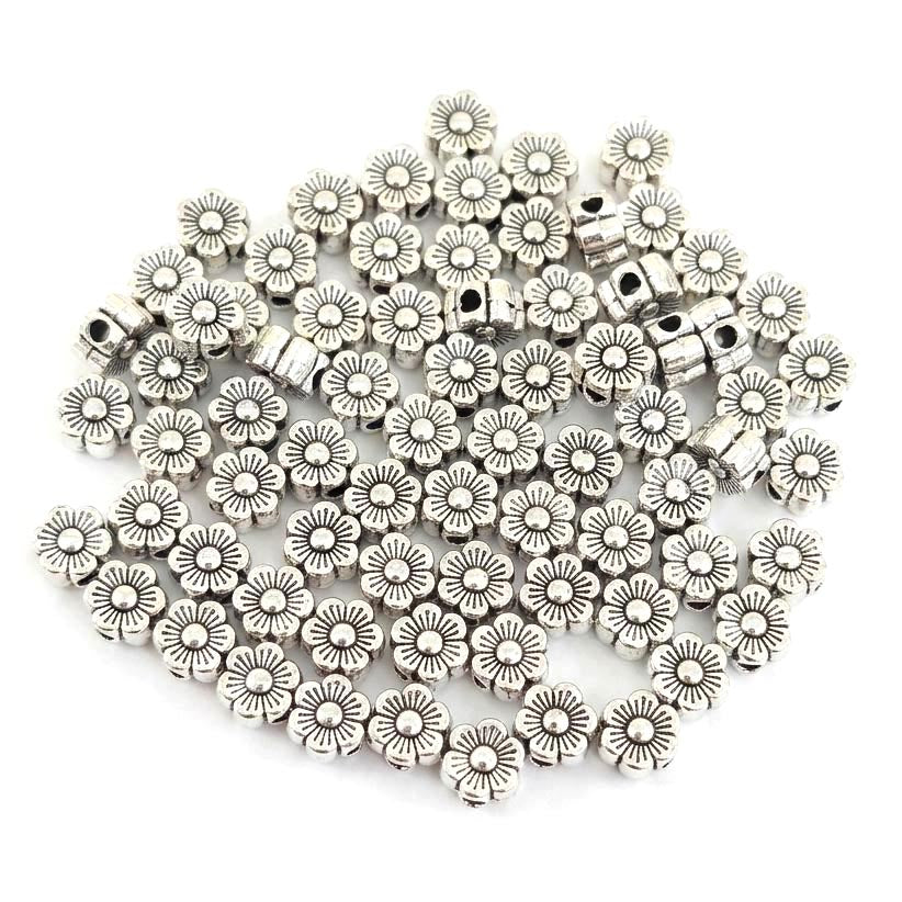 Antique Silver Flat Daisy Flower Spacer Beads (5x3mm) – Pack of 50