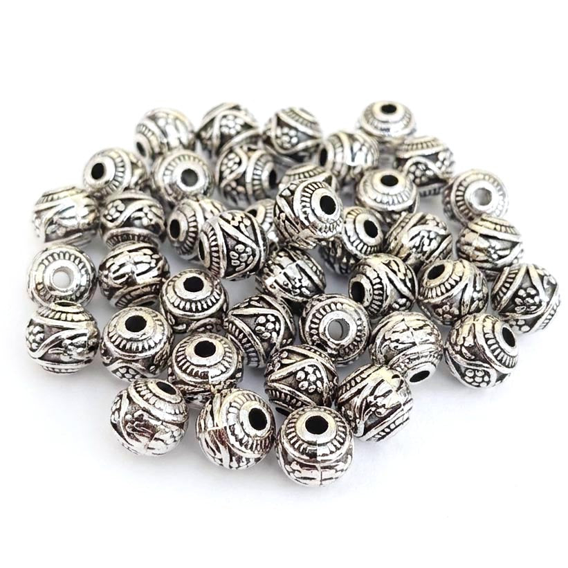 Antique Silver Vine & Flower Engraved Round Spacer Beads (8mm) – Pack of 20