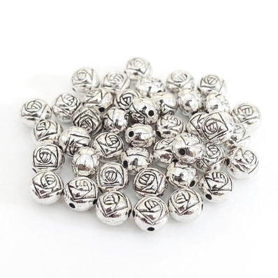 Antique Silver Rose Flower Round Spacer Beads (7x6mm) – Pack of 30