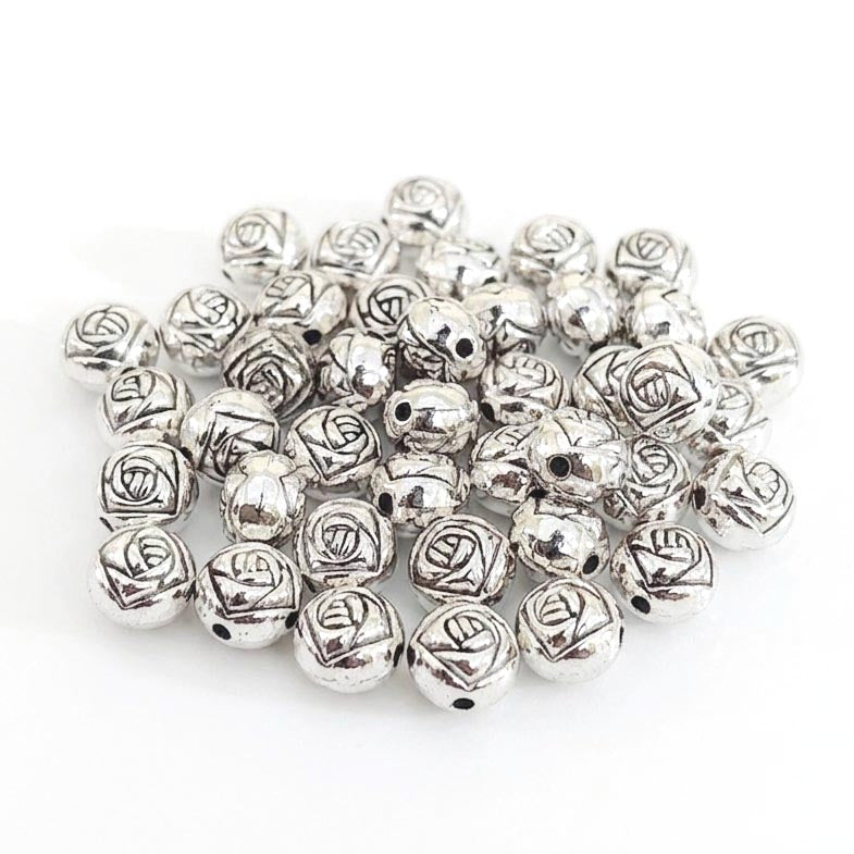 Antique Silver Rose Flower Round Spacer Beads (7x6mm) – Pack of 30