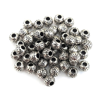 Antique Silver Dimpled Textured Round Spacer Beads (6x7mm) – Pack of 30