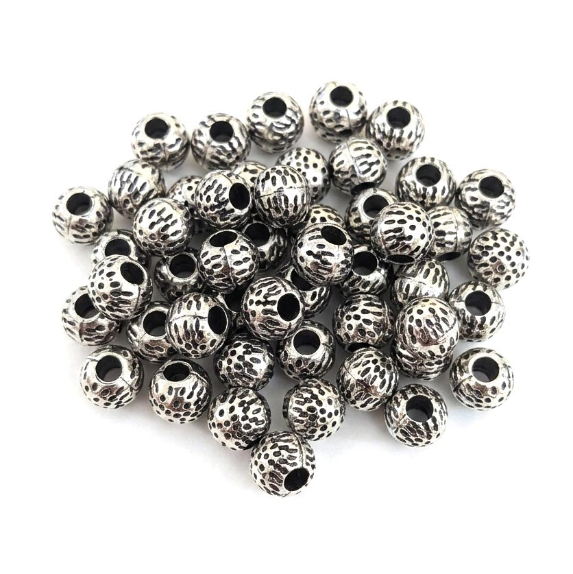 Antique Silver Dimpled Textured Round Spacer Beads (6x7mm) – Pack of 30