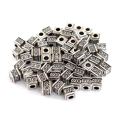 Antique Silver Square Cube Spacer Beads with Circle Dot Design (5mm) – Pack of 50