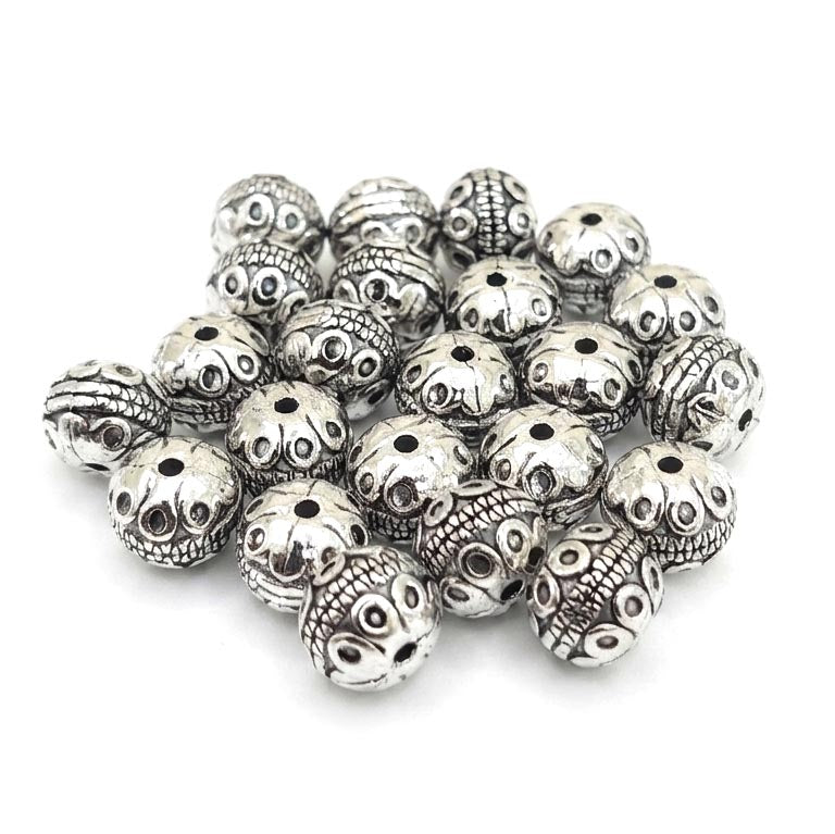 Antique Silver Textured Round Spacer Beads (10x8mm) – Pack of 10