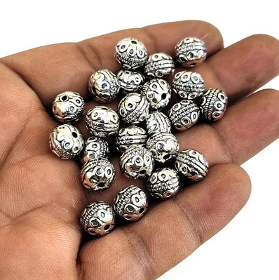 Antique Silver Textured Round Spacer Beads (10x8mm) – Pack of 10