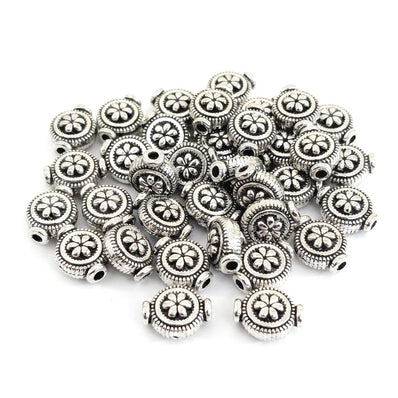Antique Silver Flat Rondelle Flower Spacer Beads (8x10mm) – Pack of 30