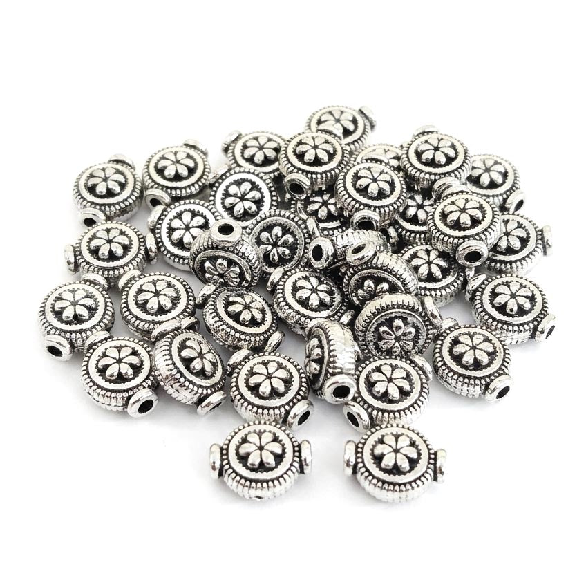 Antique Silver Flat Rondelle Flower Spacer Beads (8x10mm) – Pack of 30