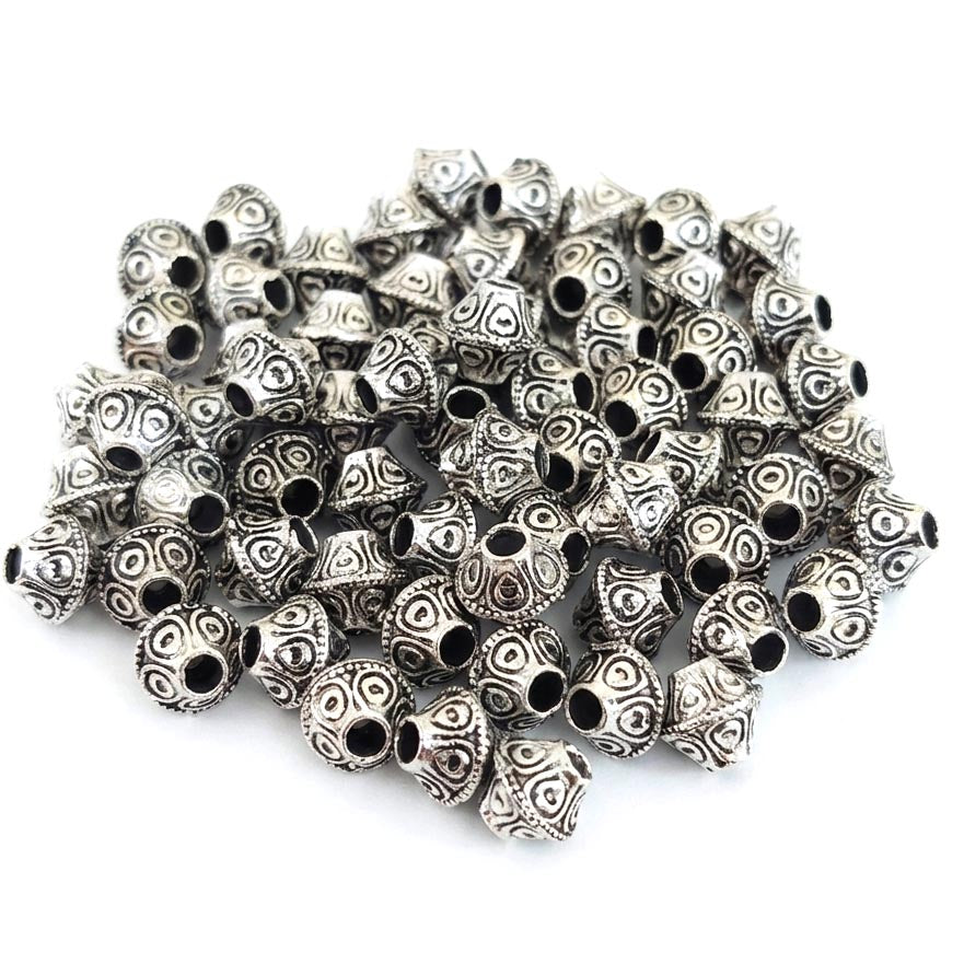 Antique Silver Bicone Spacer Beads with Swirl Design (6x7mm) – Pack of 50