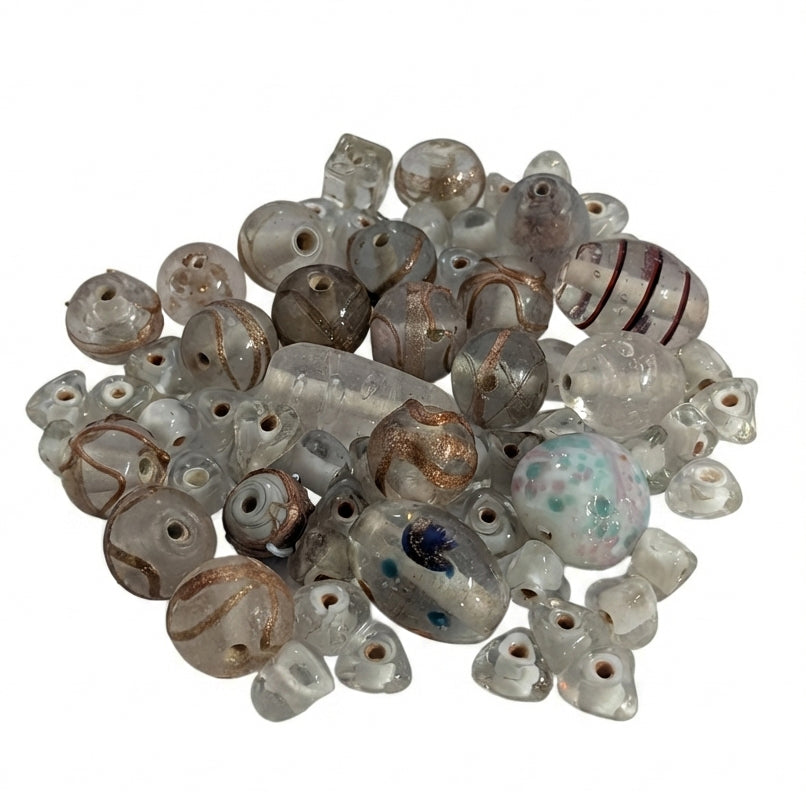 200 GRAMS PACK' WHITE AND CLEAR TONE FANCY LAMPWORK BEAD MIX