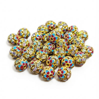 8mm Aqua Blue Pink Meenakari Rhinestone Ball Beads – Gold Plated Decorative Spacer Beads for Jewelry Making | 10 Pieces Per Pack
