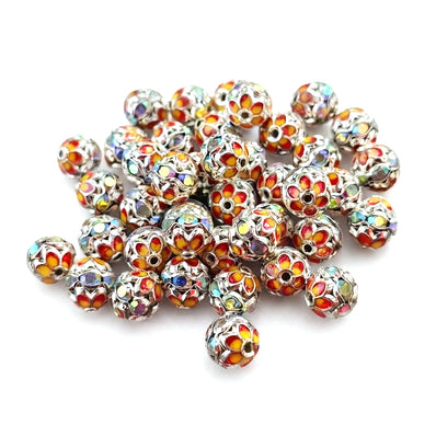 8mm Orange Meenakari Rhinestone Ball Beads – Silver Plated Decorative Spacer Beads for Jewelry Making | 10 Pieces Per Pack
