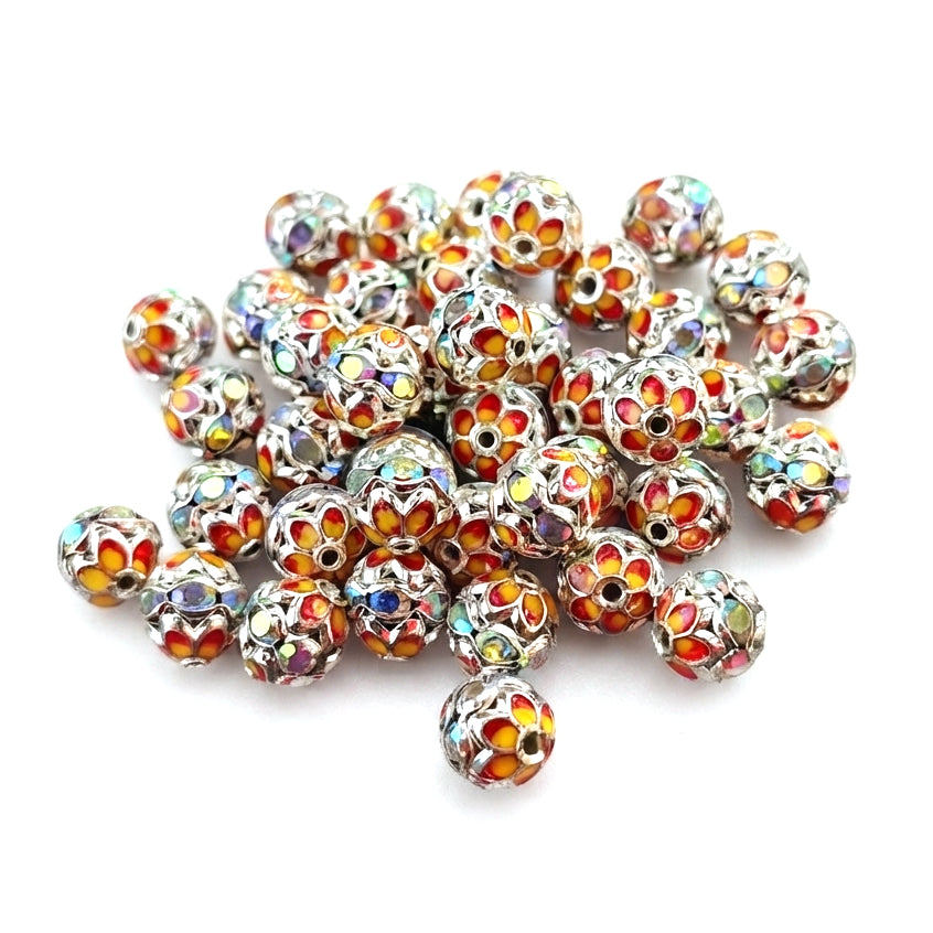8mm Orange Meenakari Rhinestone Ball Beads – Silver Plated Decorative Spacer Beads for Jewelry Making | 10 Pieces Per Pack