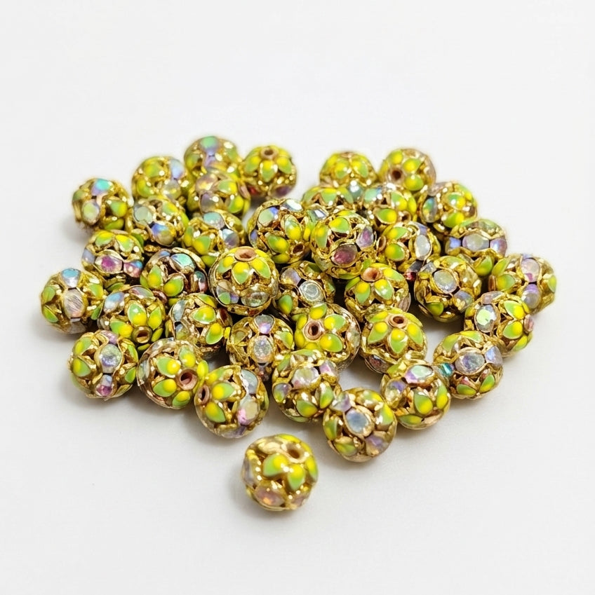 8 mm Meenakari Rhinestone Ball Beads | Green & Yellow Tone Decorative Round Beads | 10 Pieces Pack