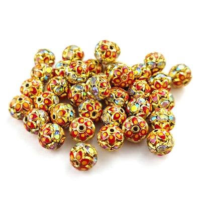 8mm Red Meenakari Rhinestone Ball Beads – Gold Plated Decorative Spacer Beads for Jewelry Making | 10 Pieces Per Pack