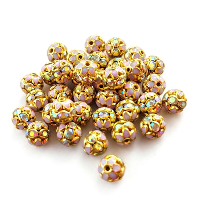 8 mm Pink Meenakari Rhinestone Ball Beads | Gold Tone Round Spacer Beads | 10 Pieces Pack