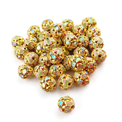 8mm Light Pink Meenakari Rhinestone Ball Beads – Gold Plated Decorative Spacer Beads for Jewelry Making | 10 Pieces Per Pack