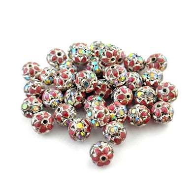 8mm Pink Meenakari Rhinestone Ball Beads – Silver Plated Decorative Spacer Beads for Jewelry Making | 10 Pieces Per Pack
