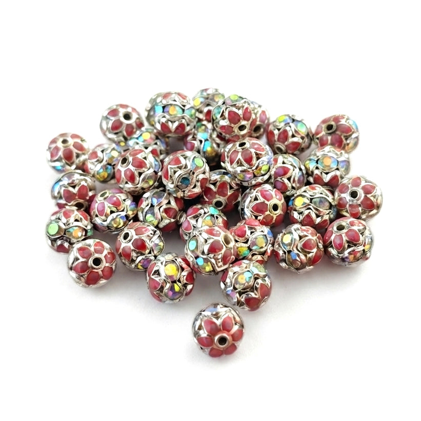 8mm Pink Meenakari Rhinestone Ball Beads – Silver Plated Decorative Spacer Beads for Jewelry Making | 10 Pieces Per Pack