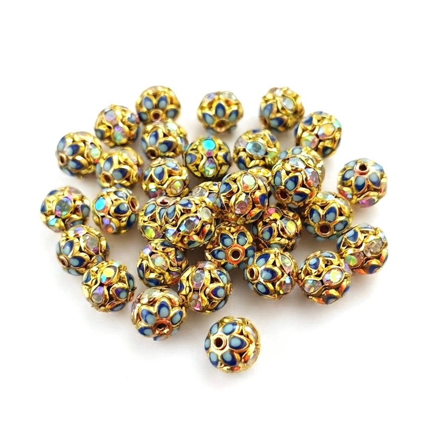 8mm Navy Blue Meenakari Rhinestone Ball Beads – Gold Plated Decorative Spacer Beads for Jewelry Making | 10 Pieces Per Pack