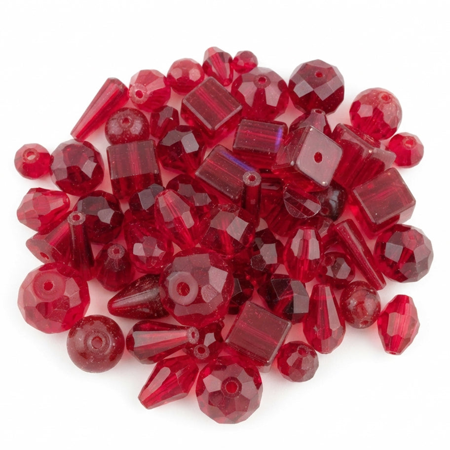 Assorted Mixed Size Red Faceted & Geometric Glass Beads Mix – Crimson Craft Beads (50 Gram Pack)