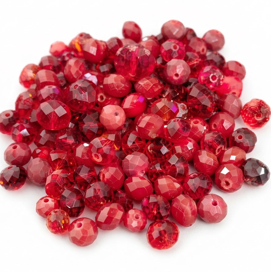 Assorted Mixed Size Red Faceted Glass Beads Mix – Ruby Red Craft Beads (50 Gram Pack)