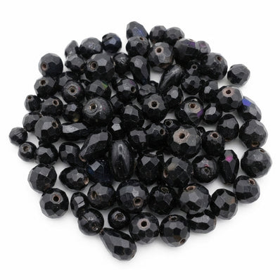 Assorted Mixed Size Black Faceted Glass Beads Mix – Jet Black Craft Beads (50 Gram Pack)