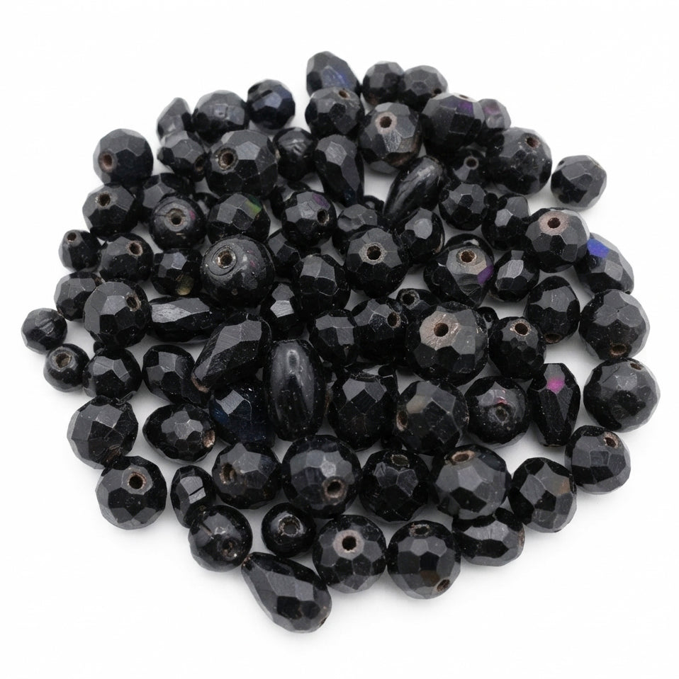Assorted Mixed Size Black Faceted Glass Beads Mix – Jet Black Craft Beads (50 Gram Pack)