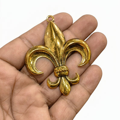 German Silver Fleur-de-lis Statement Pendant – 64-65mm Golden Hand-Oxidized Finish (Sold Per Piece)