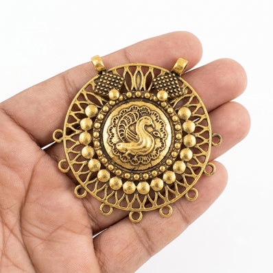 German Silver Round Peacock Motif Pendant – 58-60mm Golden Finish (Sold Per Piece)