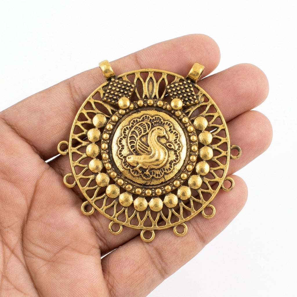 German Silver Round Peacock Motif Pendant – 58-60mm Golden Finish (Sold Per Piece)
