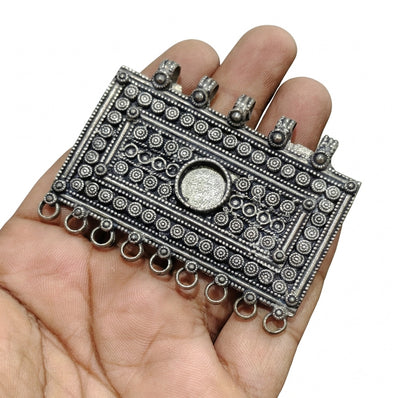 German Silver Ornate Rectangular Statement Pendant – 50x70mm Oxidized Silver Finish (Sold Per Piece)