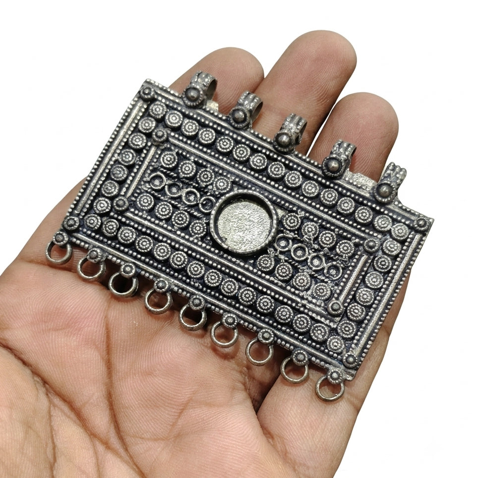 German Silver Ornate Rectangular Statement Pendant – 50x70mm Oxidized Silver Finish (Sold Per Piece)