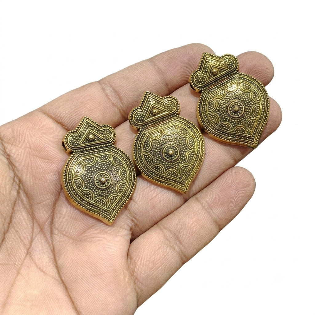 German Silver Ornate Heart/Shield Pendant Set – 38-40mm Golden Finish (3 Pieces Set)